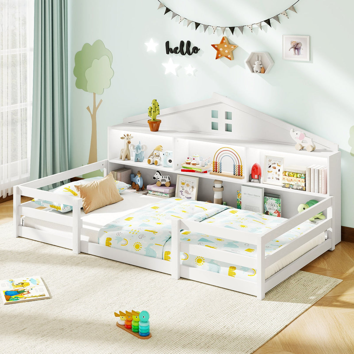 Twin Size Montessori Floor Bed with Storage Compartments and Shelf-Trundle Bed Frame-DECOROLALA