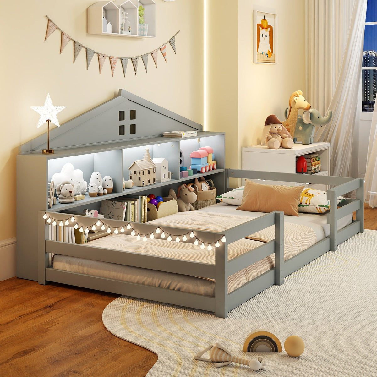 Twin Size Montessori Floor Bed with Storage Compartments and Shelf-Trundle Bed Frame-DECOROLALA