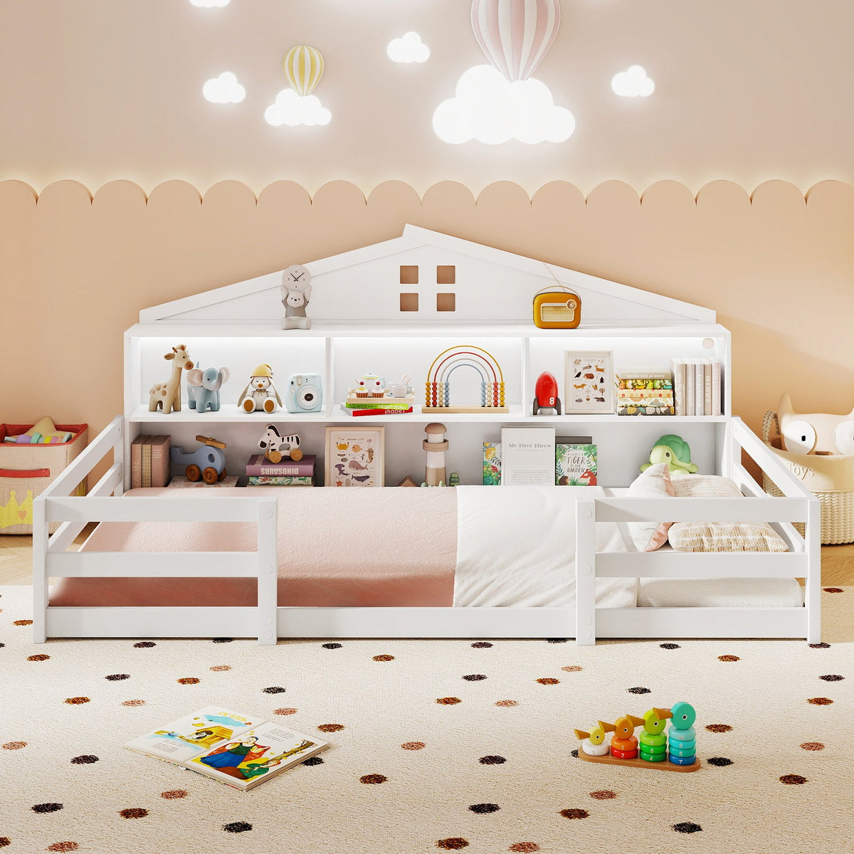 Twin Size Montessori Floor Bed with Storage Compartments and Shelf-Trundle Bed Frame-DECOROLALA