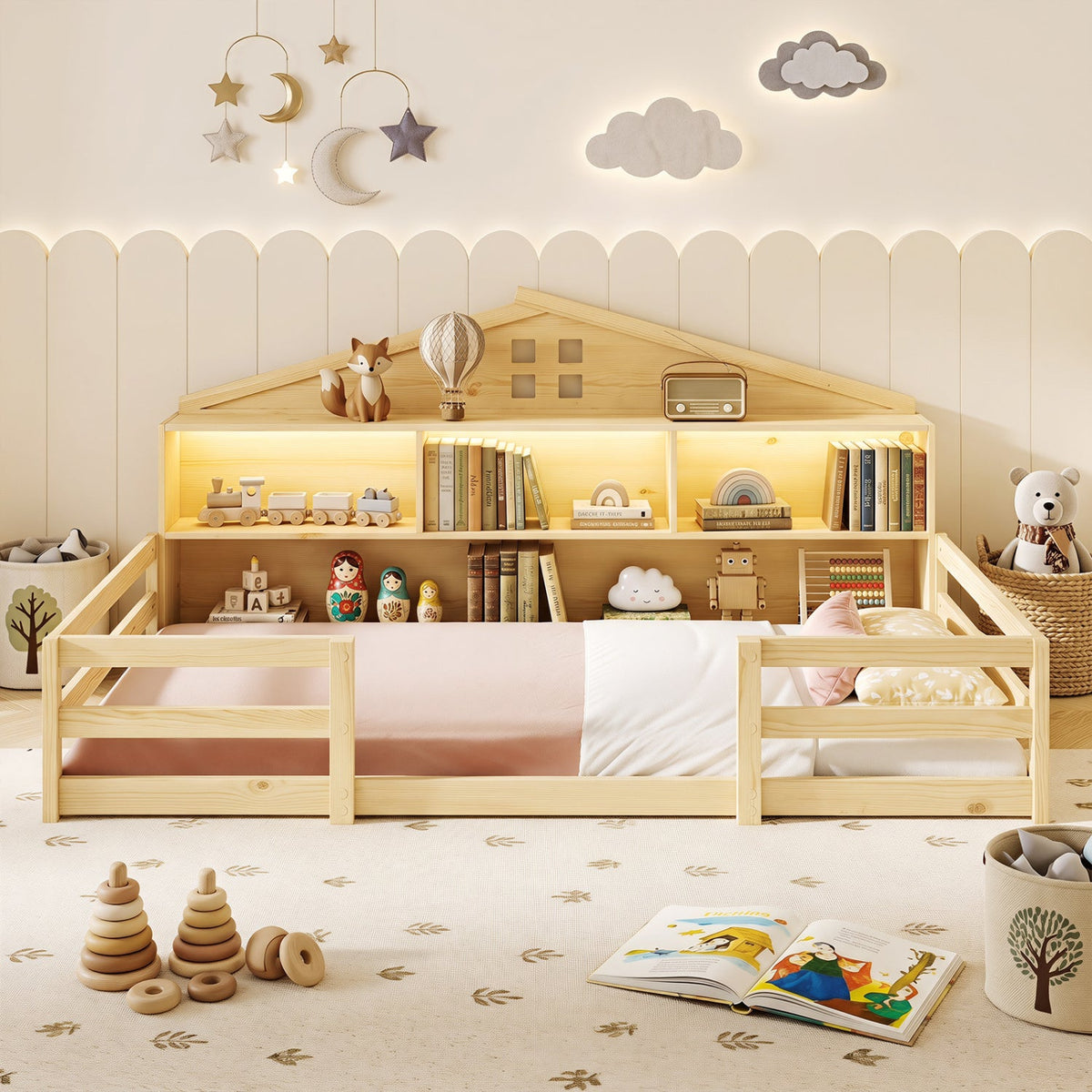 Twin Size Montessori Floor Bed with Storage Compartments and Shelf-Trundle Bed Frame-DECOROLALA