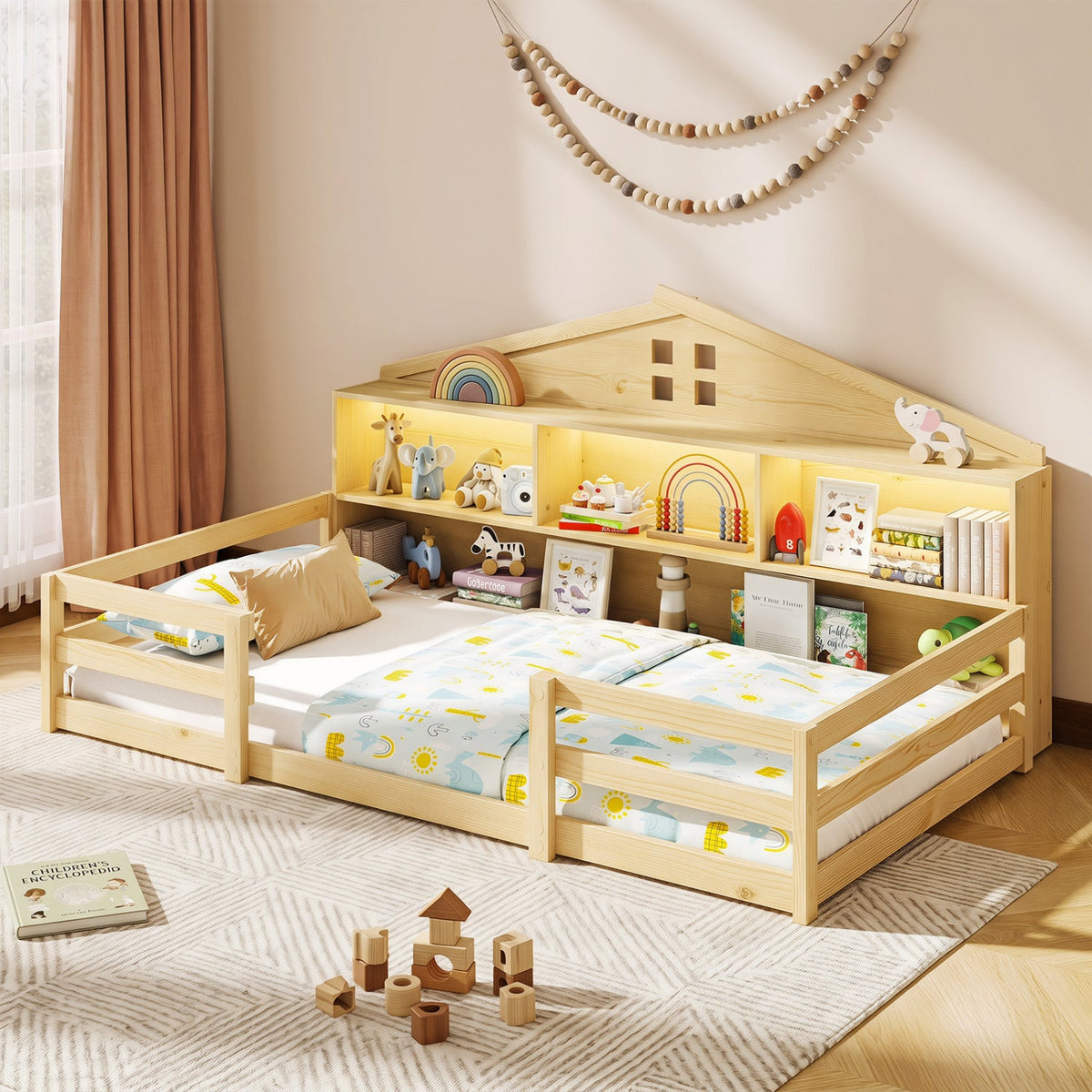 Twin Size Montessori Floor Bed with Storage Compartments and Shelf-Trundle Bed Frame-DECOROLALA