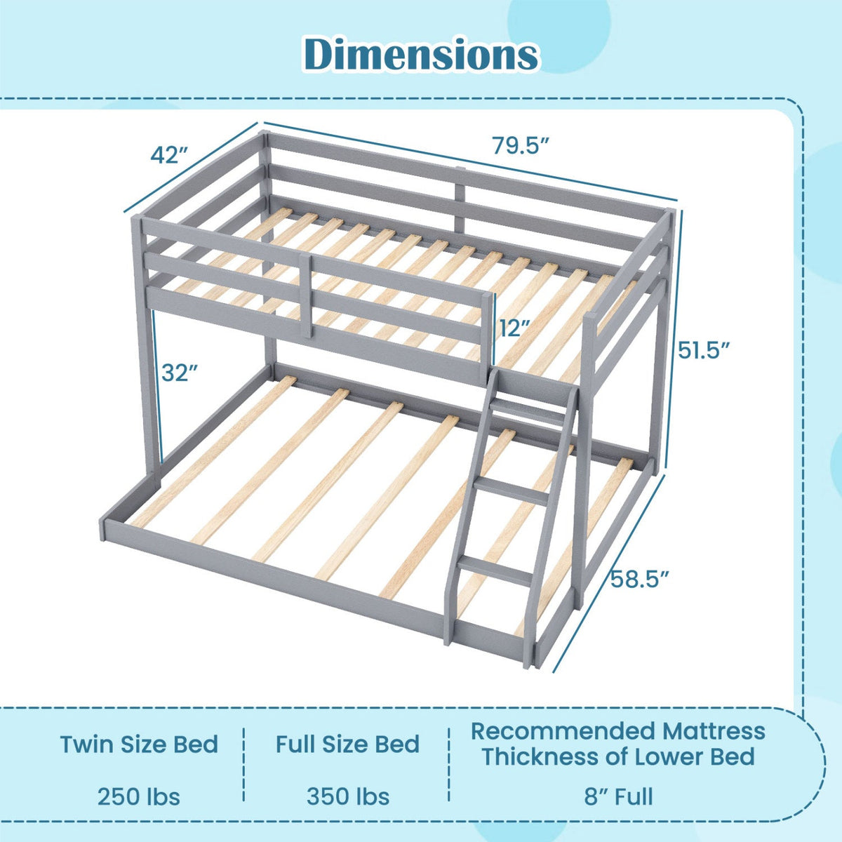 Twin Over Full Bunk Bed Low Floor Bunk Bed Frame-Bunk Bed Frame-DECOROLALA