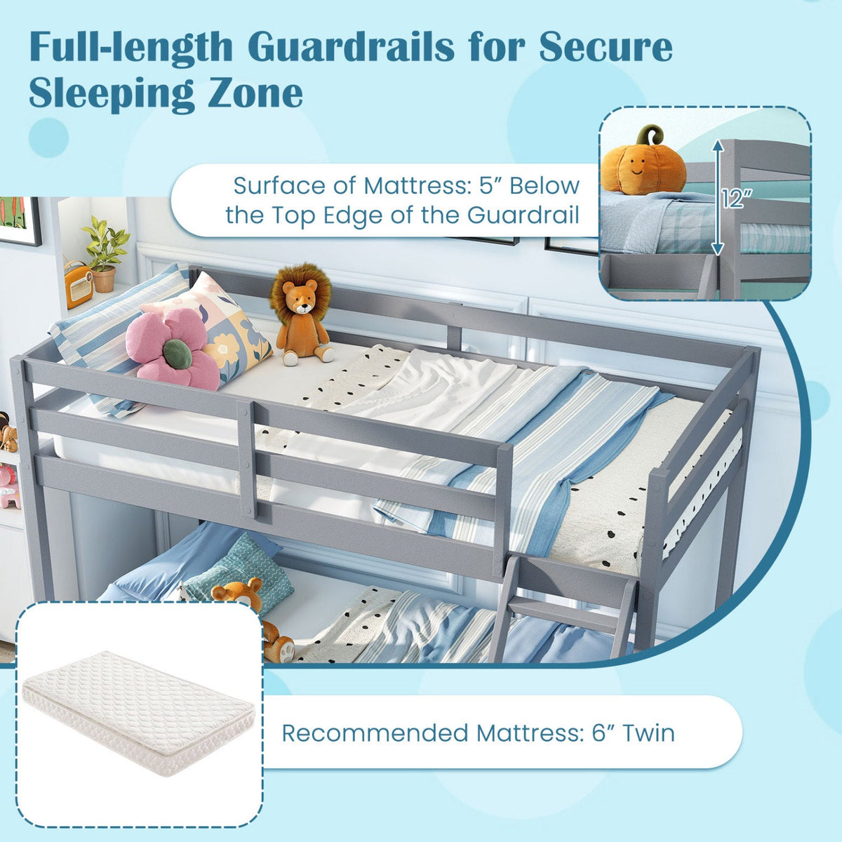 Twin Over Full Bunk Bed Low Floor Bunk Bed Frame-Bunk Bed Frame-DECOROLALA