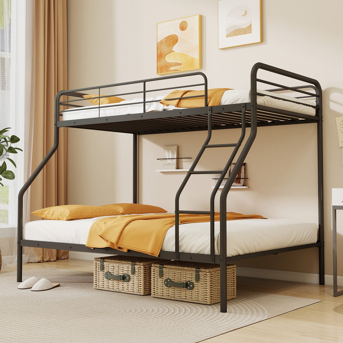 Twin Over Full Bunk Bed with Ladder and Full-length Guardrails-Bunk Bed Frame-DECOROLALA