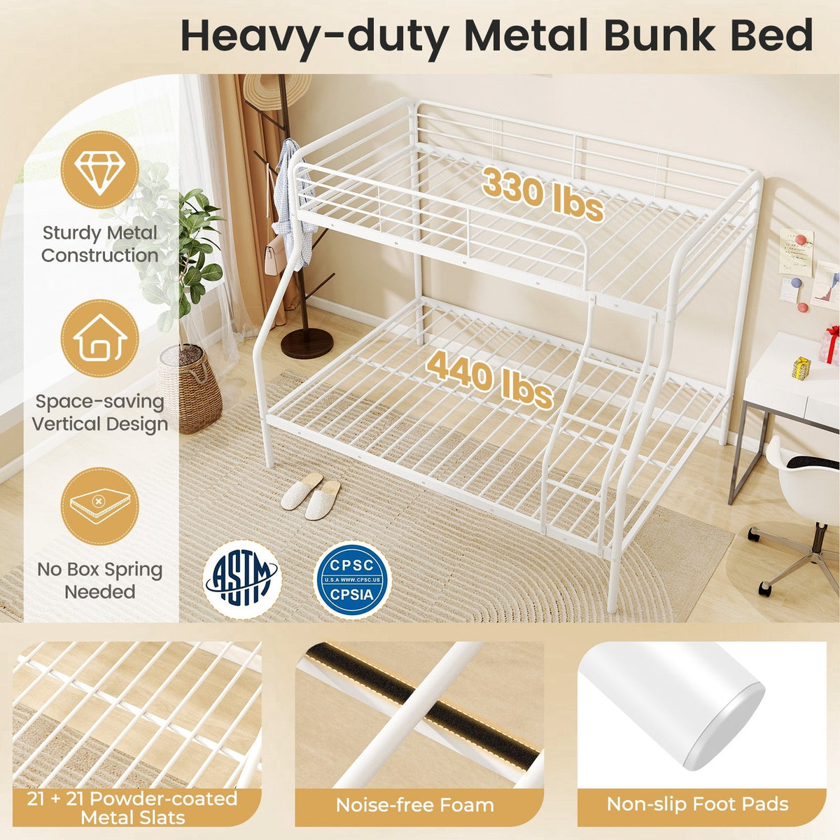 Twin Over Full Bunk Bed with Ladder and Full-length Guardrails-Bunk Bed Frame-DECOROLALA