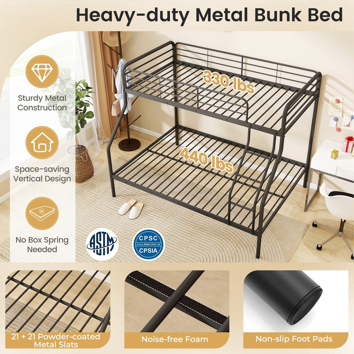 Twin Over Full Bunk Bed with Ladder and Full-length Guardrails-Bunk Bed Frame-DECOROLALA