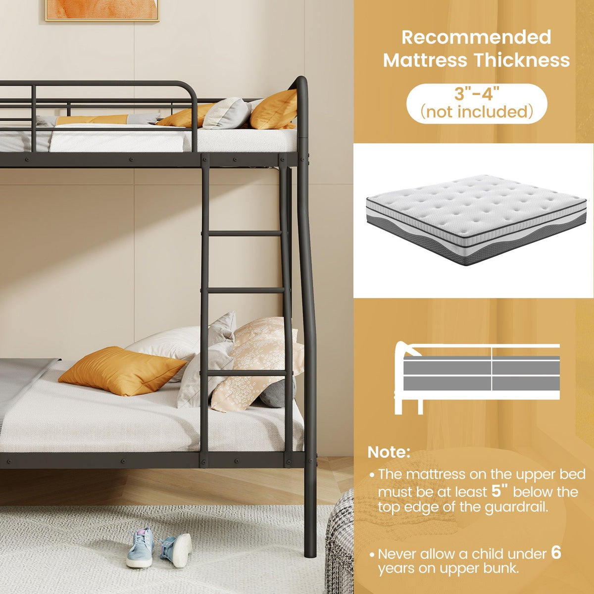 Twin Over Full Bunk Bed with Ladder and Full-length Guardrails-Bunk Bed Frame-DECOROLALA