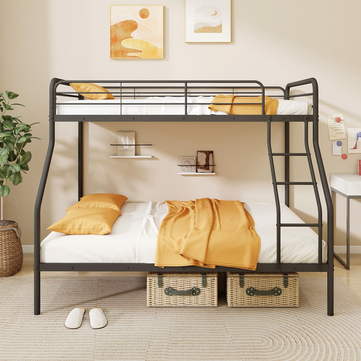 Twin Over Full Bunk Bed with Ladder and Full-length Guardrails-Bunk Bed Frame-DECOROLALA