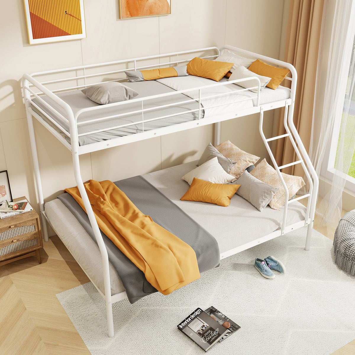 Twin Over Full Bunk Bed with Ladder and Full-length Guardrails-Bunk Bed Frame-DECOROLALA