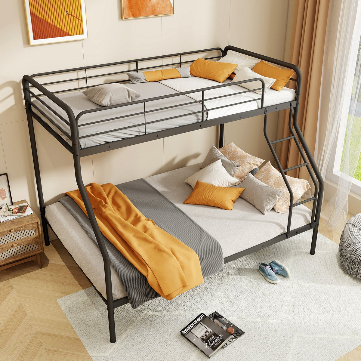Twin Over Full Bunk Bed with Ladder and Full-length Guardrails-Bunk Bed Frame-DECOROLALA