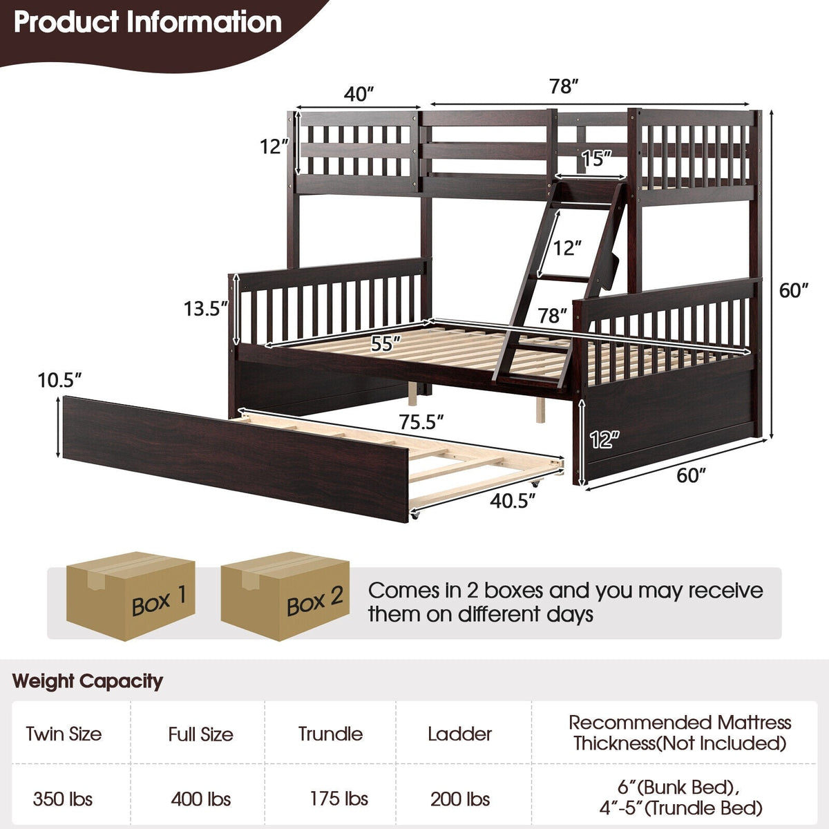 Twin Over Full Convertible Bunk Bed with Twin Trundle-Bunk Bed Frame-DECOROLALA