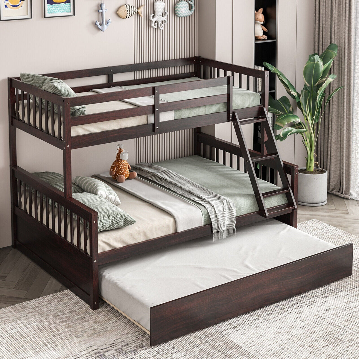 Twin Over Full Convertible Bunk Bed with Twin Trundle-Bunk Bed Frame-DECOROLALA