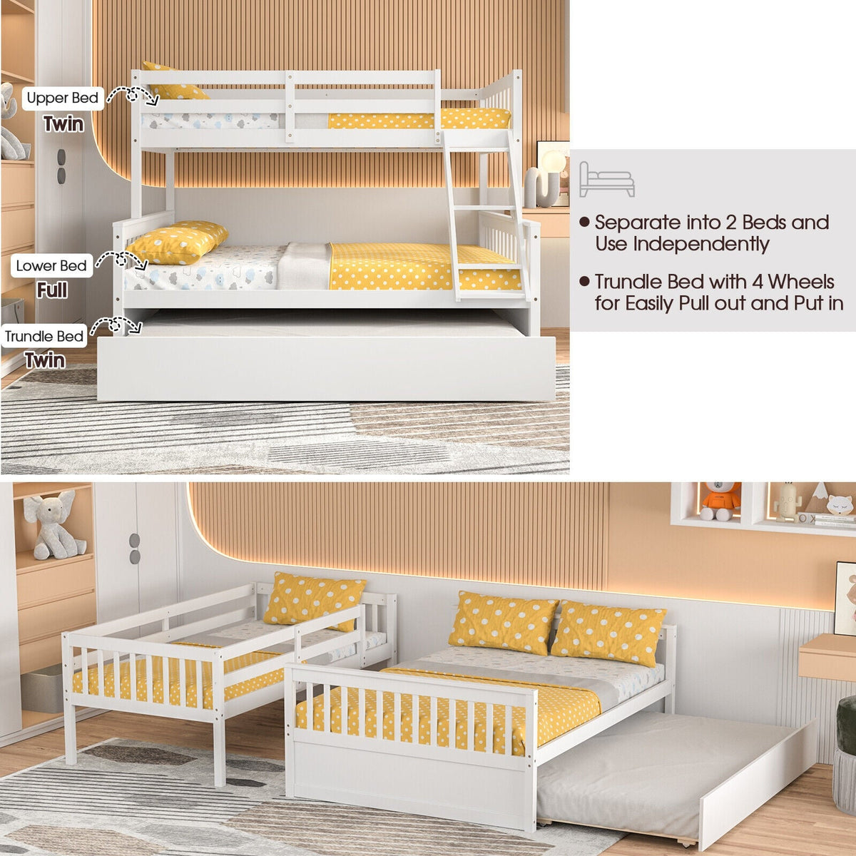 Twin Over Full Convertible Bunk Bed with Twin Trundle-Bunk Bed Frame-DECOROLALA
