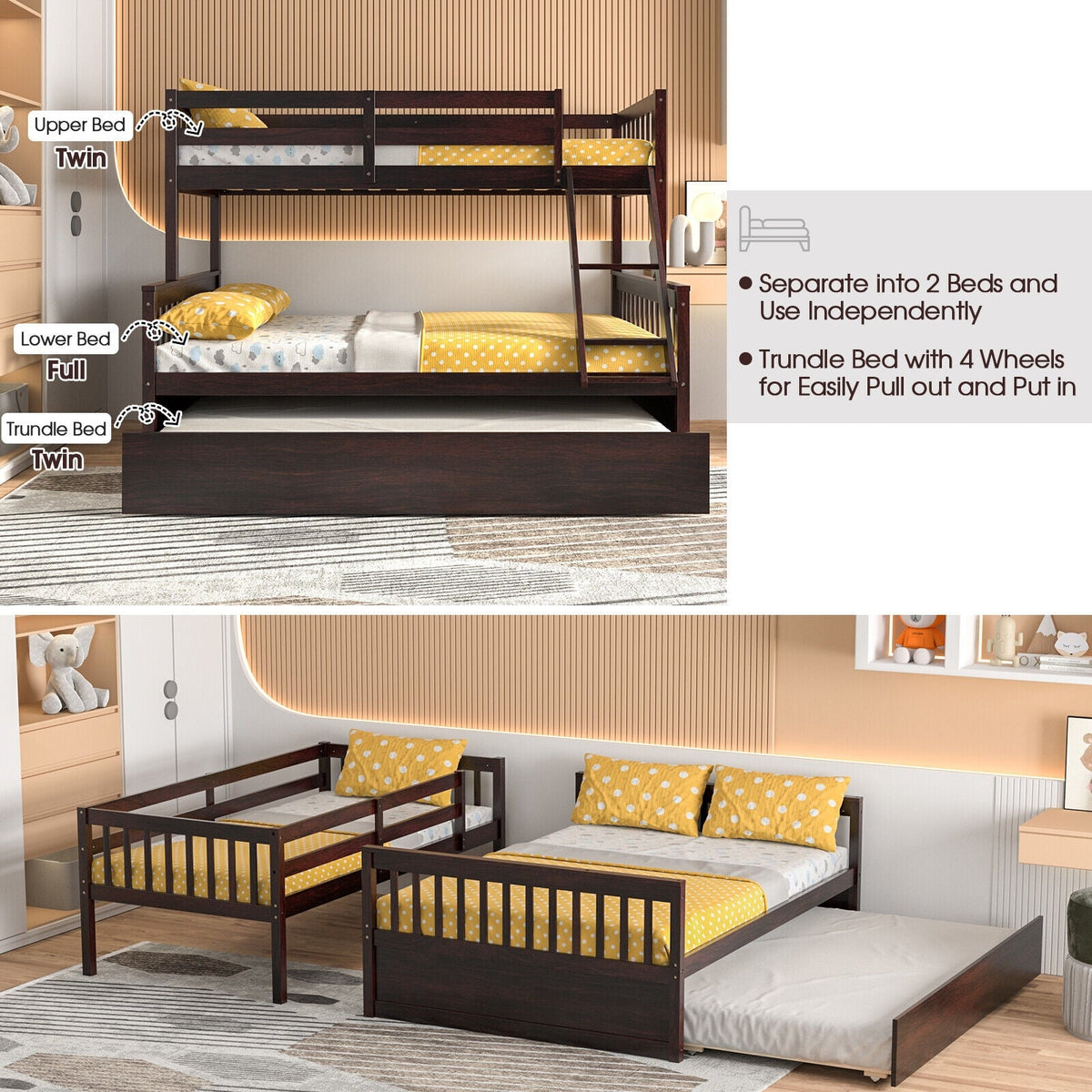 Twin Over Full Convertible Bunk Bed with Twin Trundle-Bunk Bed Frame-DECOROLALA
