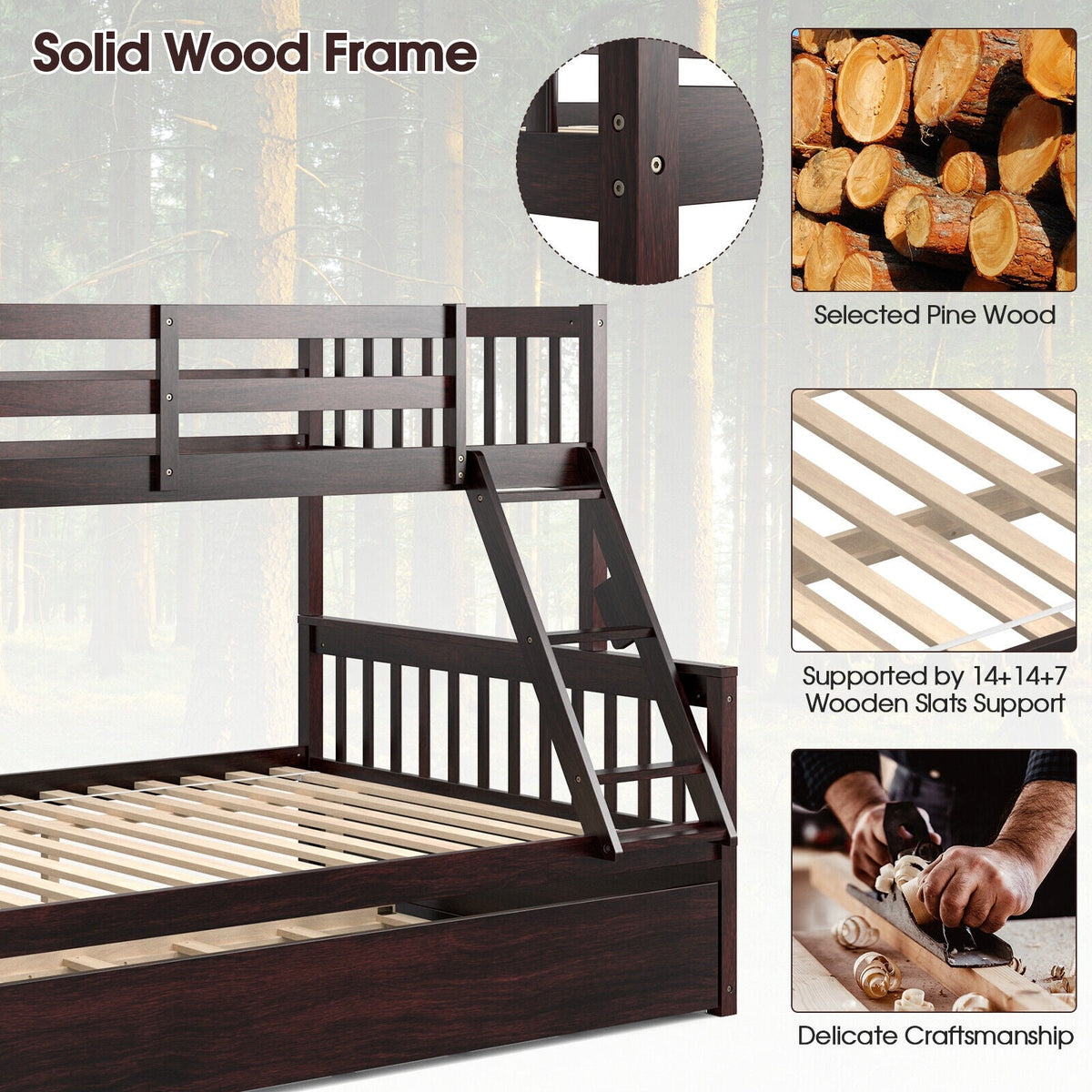 Twin Over Full Convertible Bunk Bed with Twin Trundle-Bunk Bed Frame-DECOROLALA
