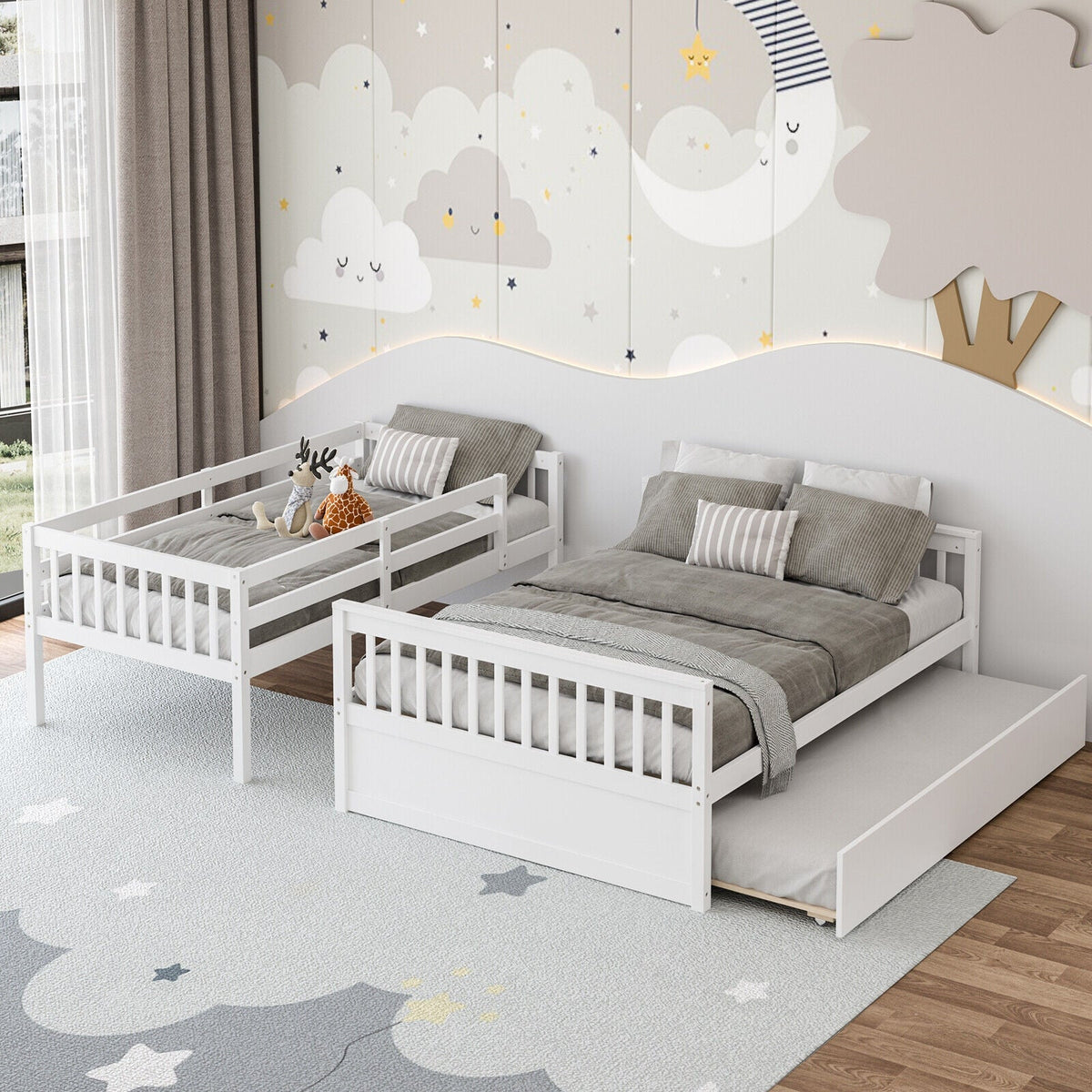 Twin Over Full Convertible Bunk Bed with Twin Trundle-Bunk Bed Frame-DECOROLALA
