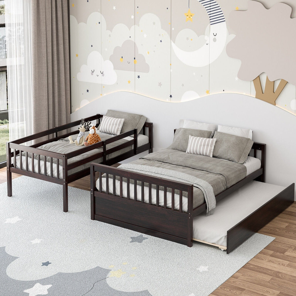 Twin Over Full Convertible Bunk Bed with Twin Trundle-Bunk Bed Frame-DECOROLALA