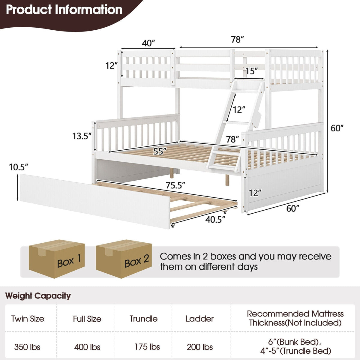 Twin Over Full Convertible Bunk Bed with Twin Trundle-Bunk Bed Frame-DECOROLALA