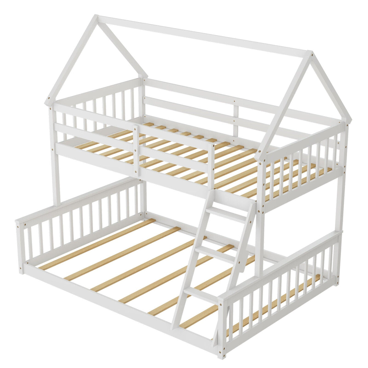 Twin Over Full House Bunk Bed - Solid Pine Wood, White-Bunk Bed Frame-DECOROLALA