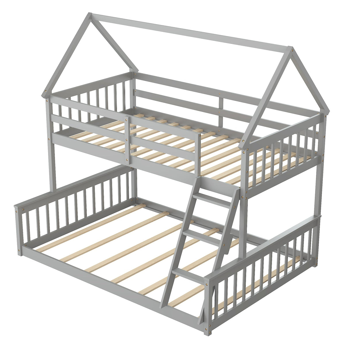 Twin Over Full House Bunk Bed - Solid Pine Wood, White-Bunk Bed Frame-DECOROLALA