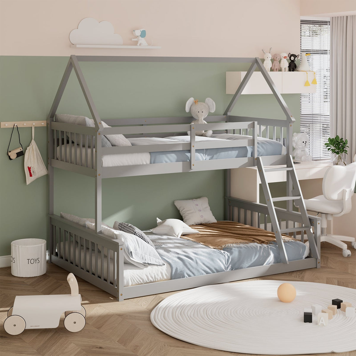 Twin Over Full House Bunk Bed - Solid Pine Wood, White-Bunk Bed Frame-DECOROLALA