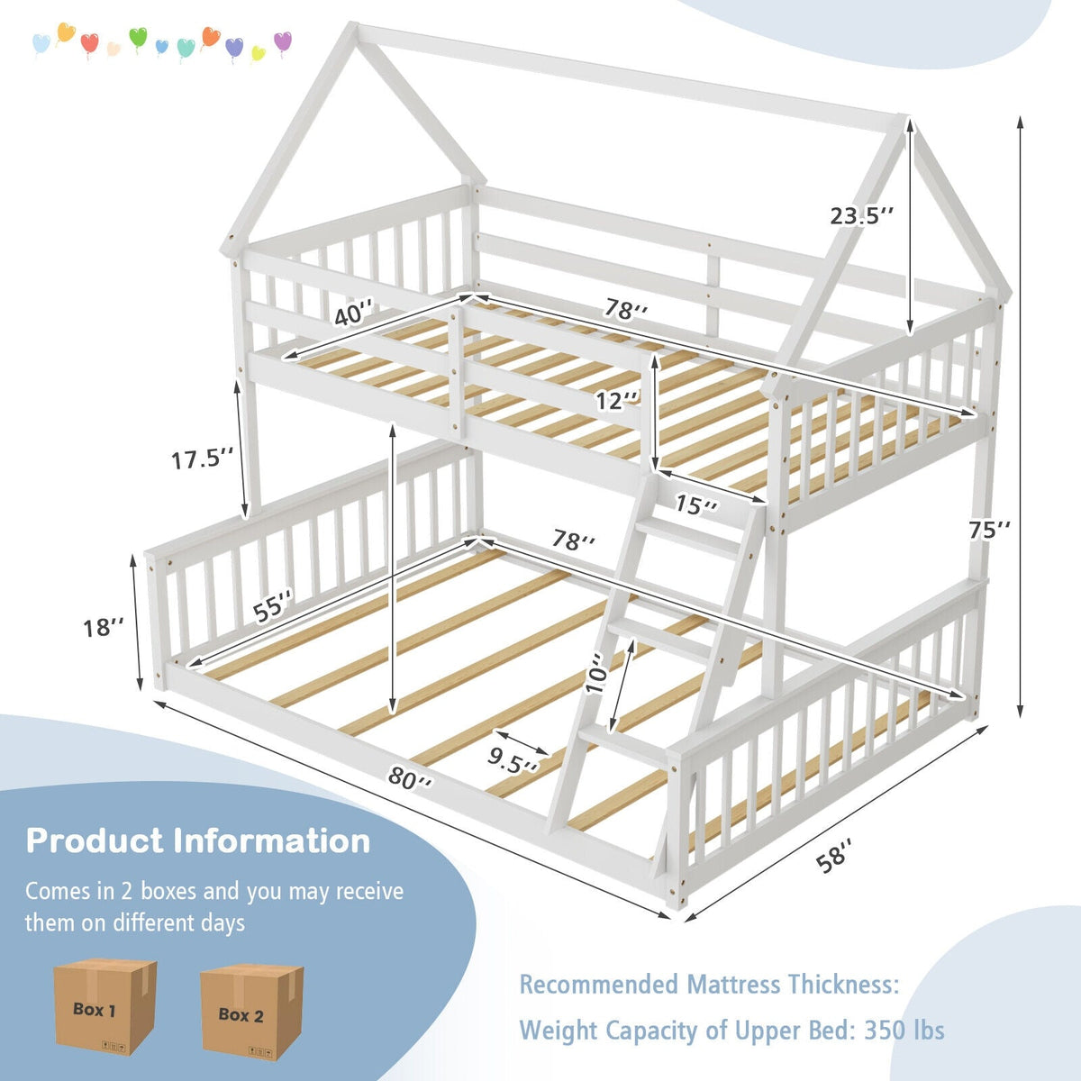 Twin Over Full House Bunk Bed with Ladder and Guardrails-Bunk Bed Frame-DECOROLALA