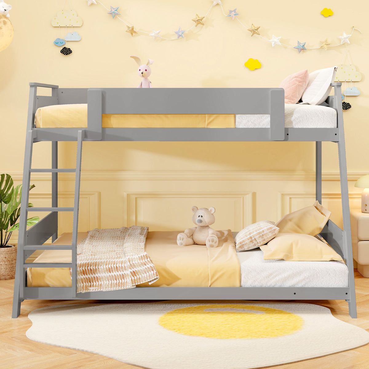 Twin Over Full Low Bunk Bed with Reversible Ladder-Bunk Bed Frame-DECOROLALA