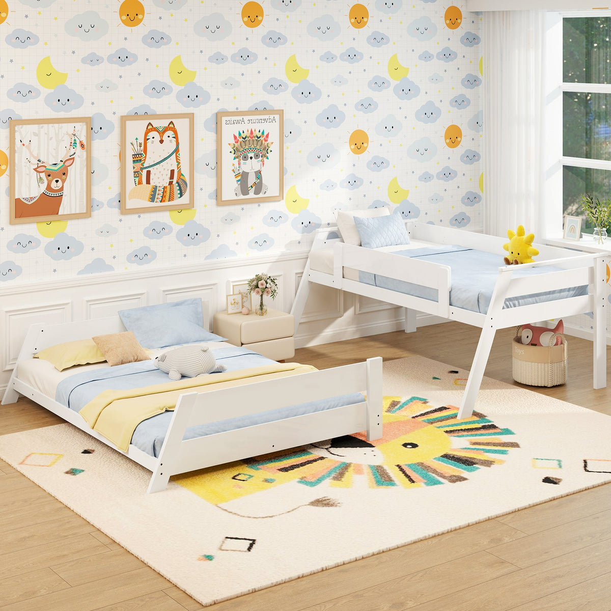 Twin Over Full Low Bunk Bed with Reversible Ladder-Bunk Bed Frame-DECOROLALA