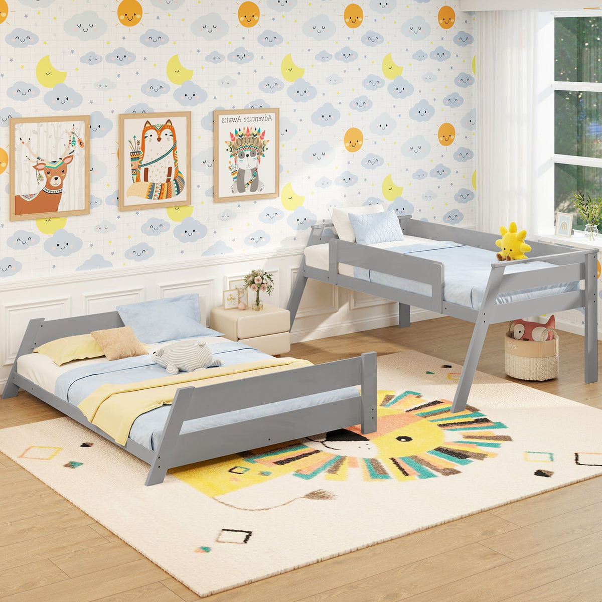 Twin Over Full Low Bunk Bed with Reversible Ladder-Bunk Bed Frame-DECOROLALA