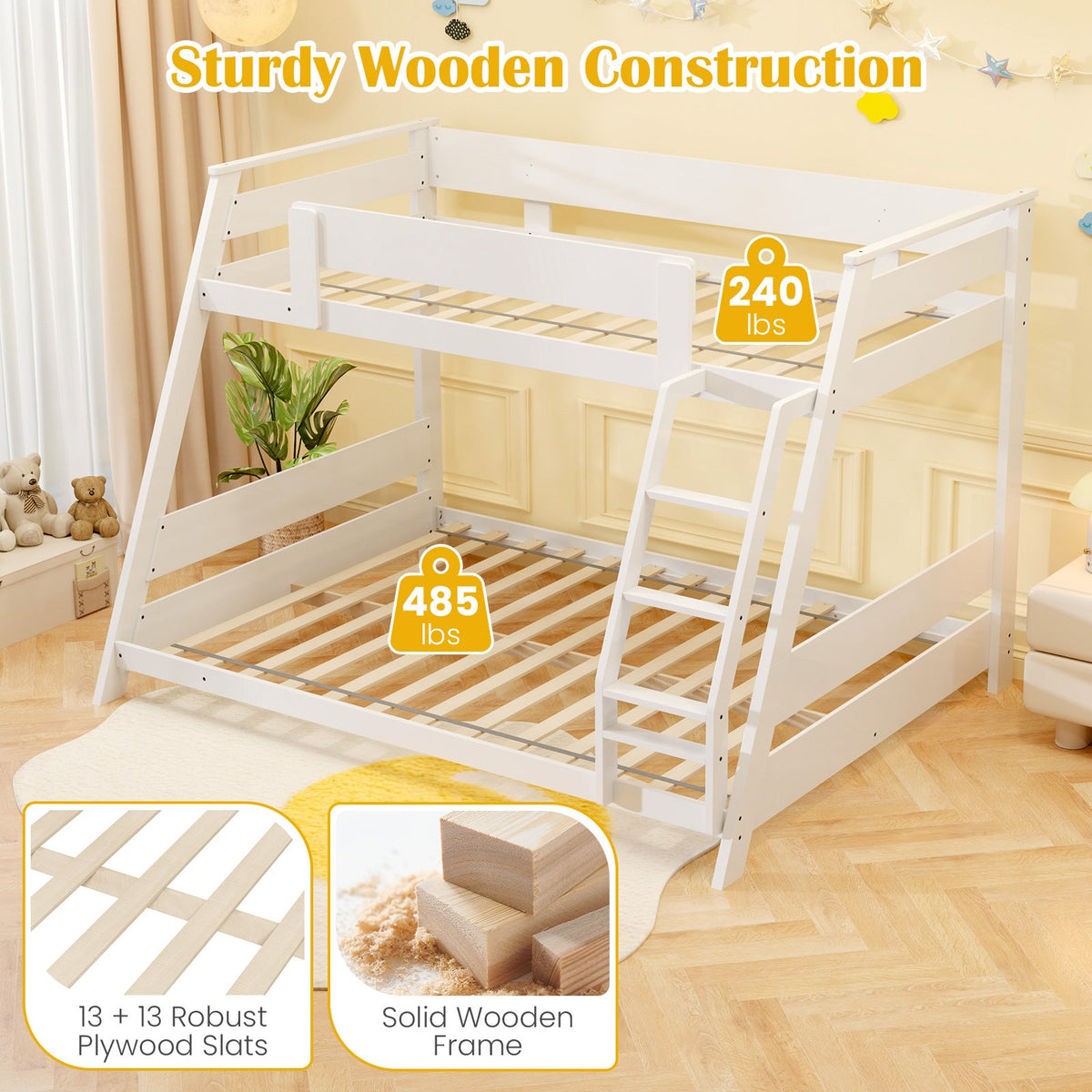 Twin Over Full Low Bunk Bed with Reversible Ladder-Bunk Bed Frame-DECOROLALA