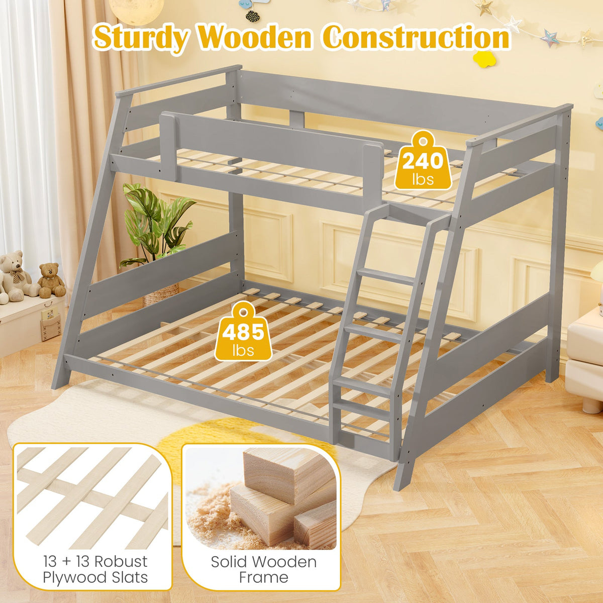 Twin Over Full Low Bunk Bed with Reversible Ladder-Bunk Bed Frame-DECOROLALA