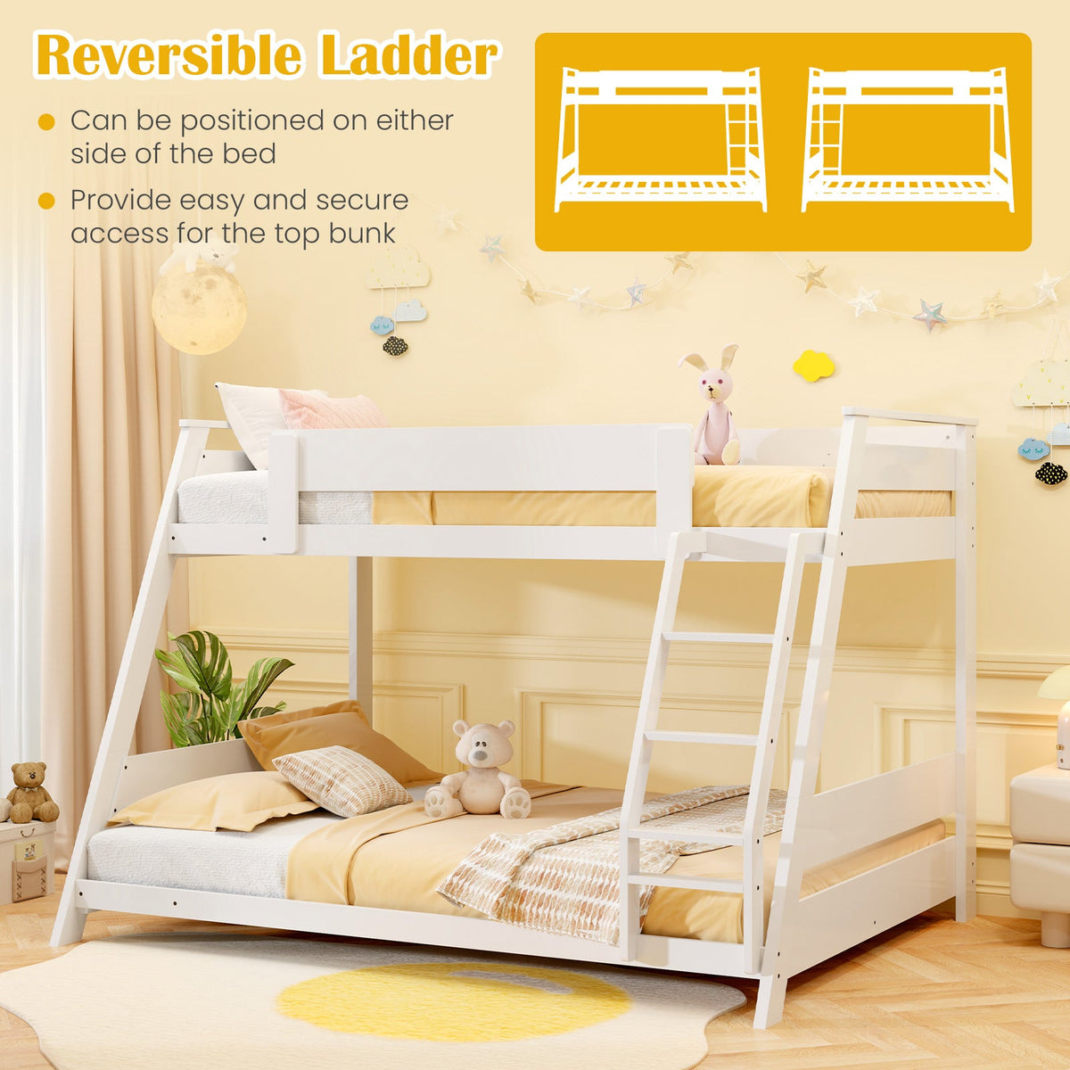 Twin Over Full Low Bunk Bed with Reversible Ladder-Bunk Bed Frame-DECOROLALA