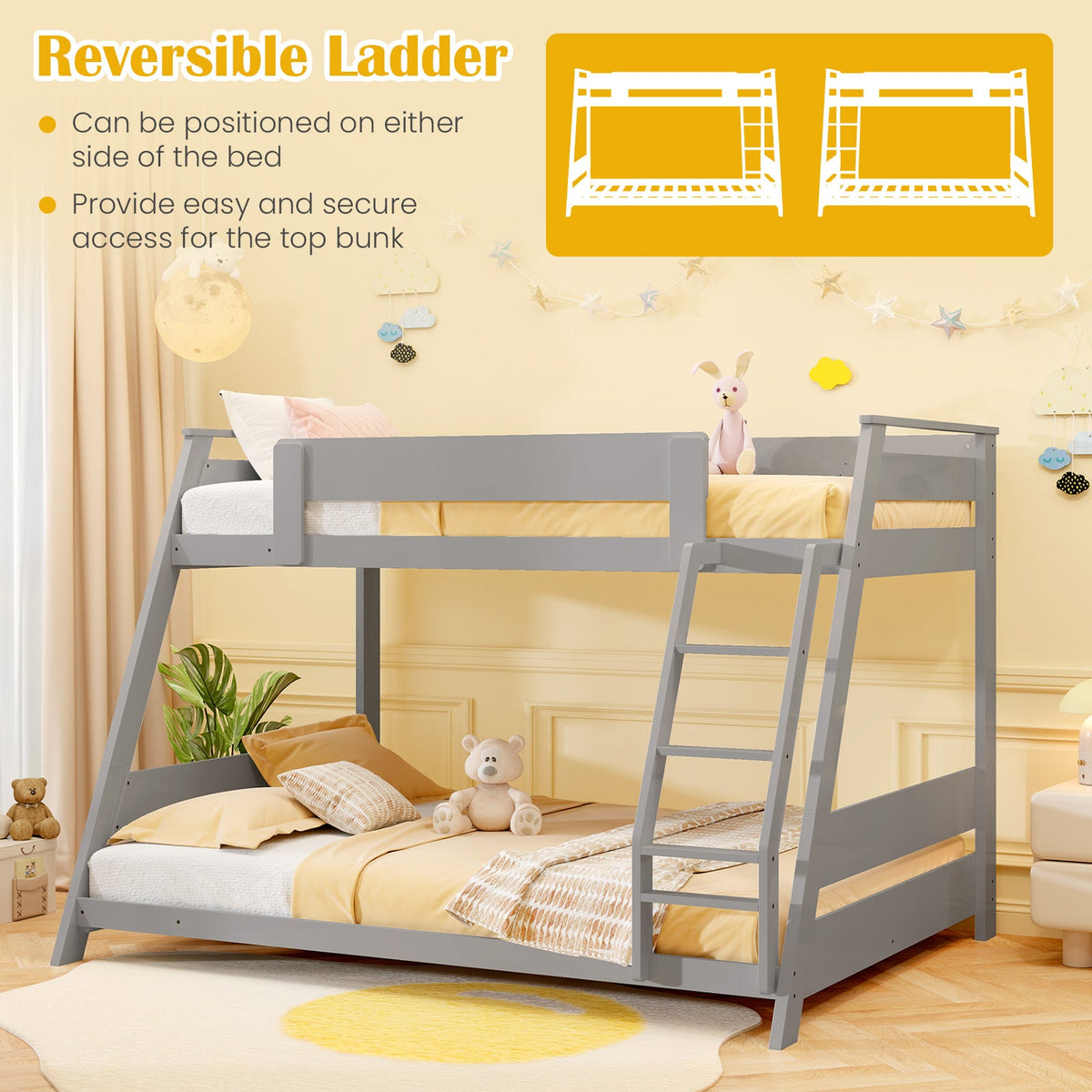 Twin Over Full Low Bunk Bed with Reversible Ladder-Bunk Bed Frame-DECOROLALA