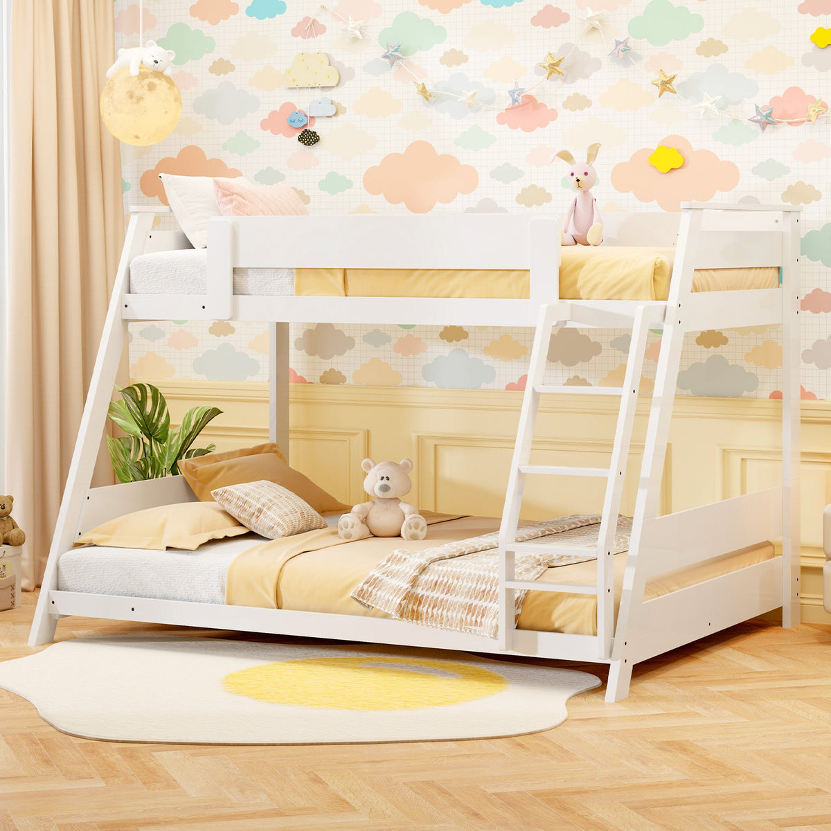 Twin Over Full Low Bunk Bed with Reversible Ladder-Bunk Bed Frame-DECOROLALA