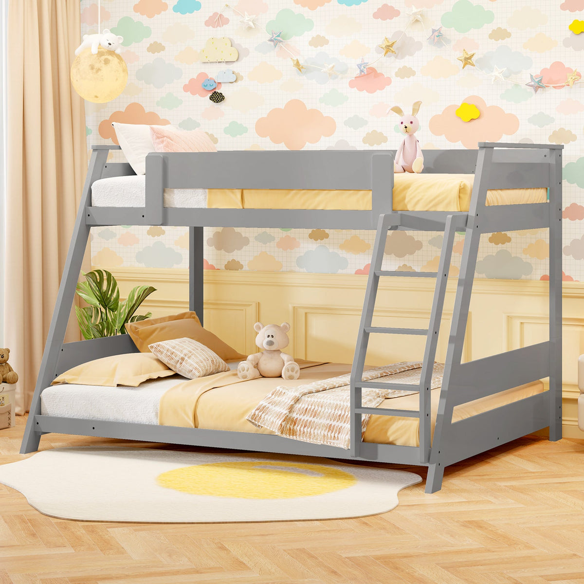Twin Over Full Low Bunk Bed with Reversible Ladder-Bunk Bed Frame-DECOROLALA