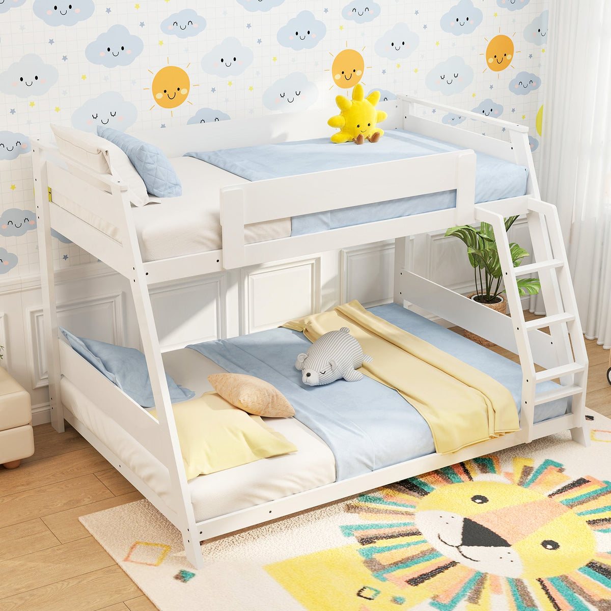 Twin Over Full Low Bunk Bed with Reversible Ladder-Bunk Bed Frame-DECOROLALA