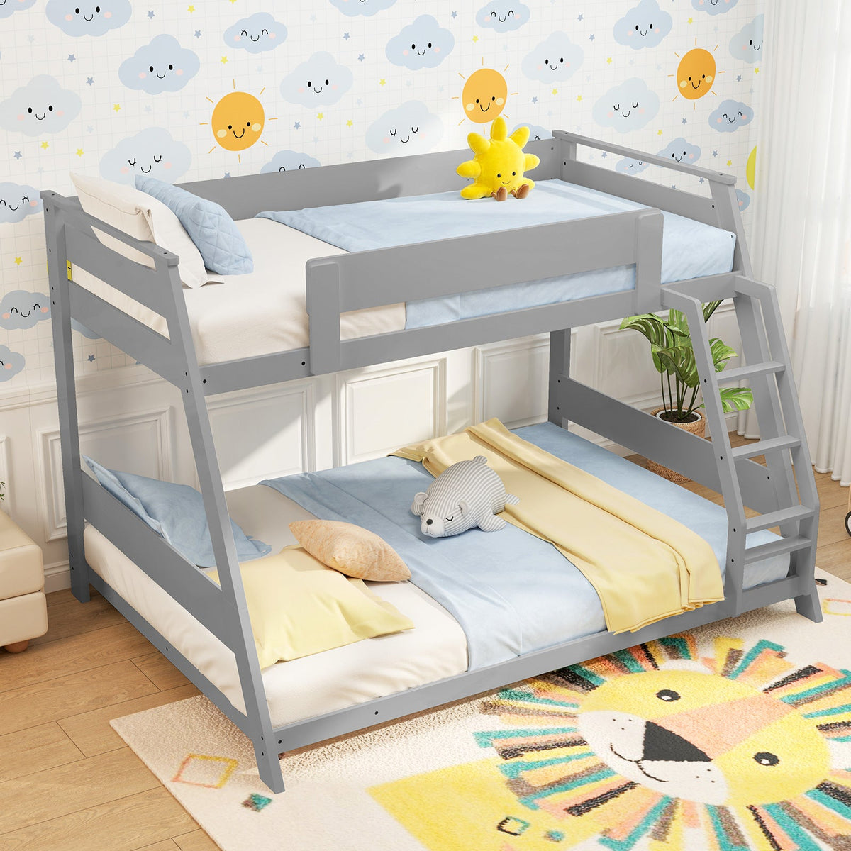 Twin Over Full Low Bunk Bed with Reversible Ladder-Bunk Bed Frame-DECOROLALA