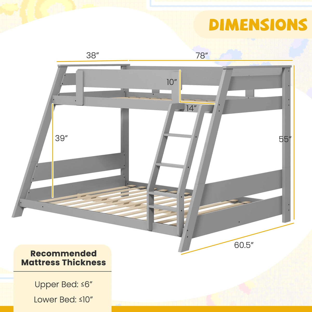 Twin Over Full Low Bunk Bed with Reversible Ladder-Bunk Bed Frame-DECOROLALA