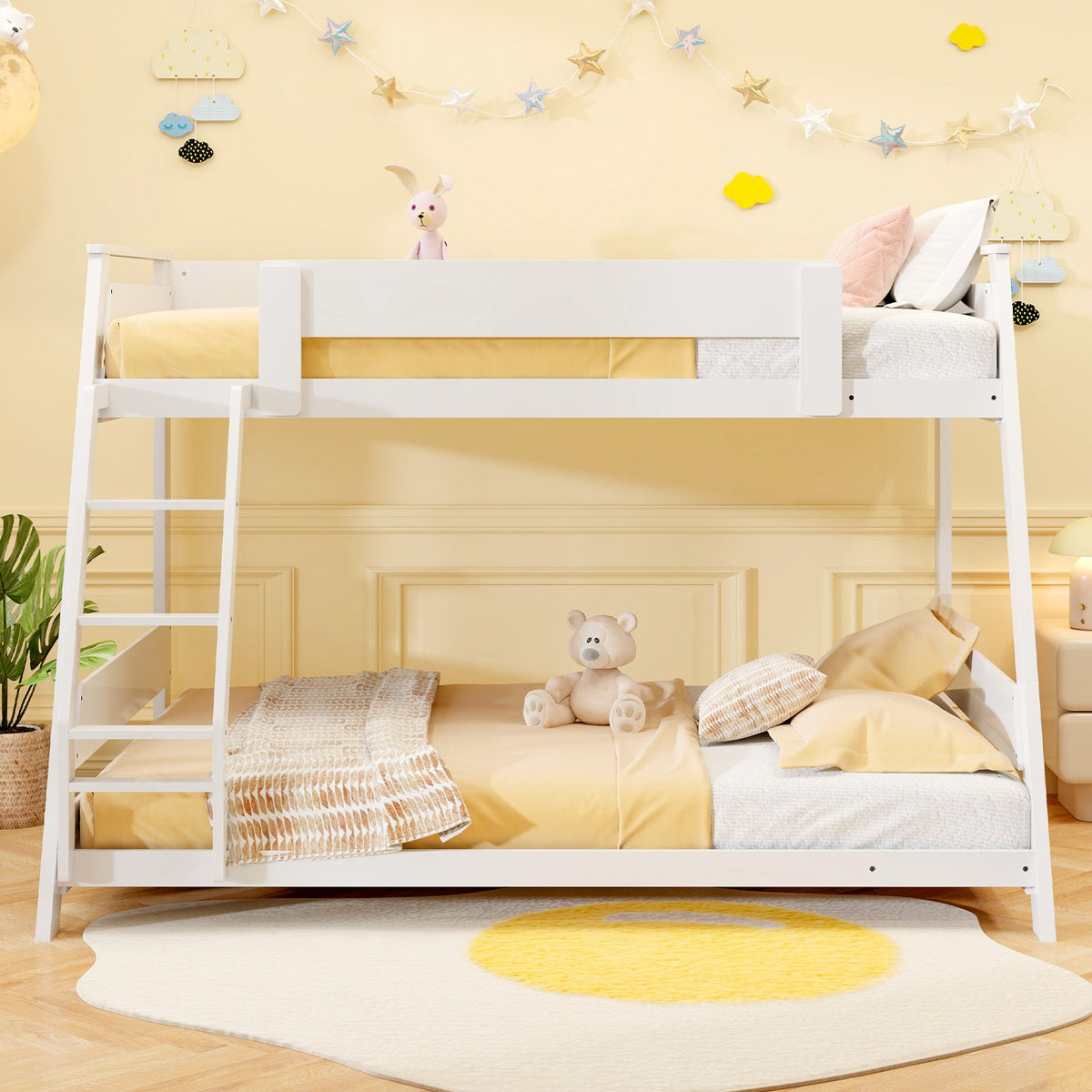 Twin Over Full Low Bunk Bed with Reversible Ladder-Bunk Bed Frame-DECOROLALA