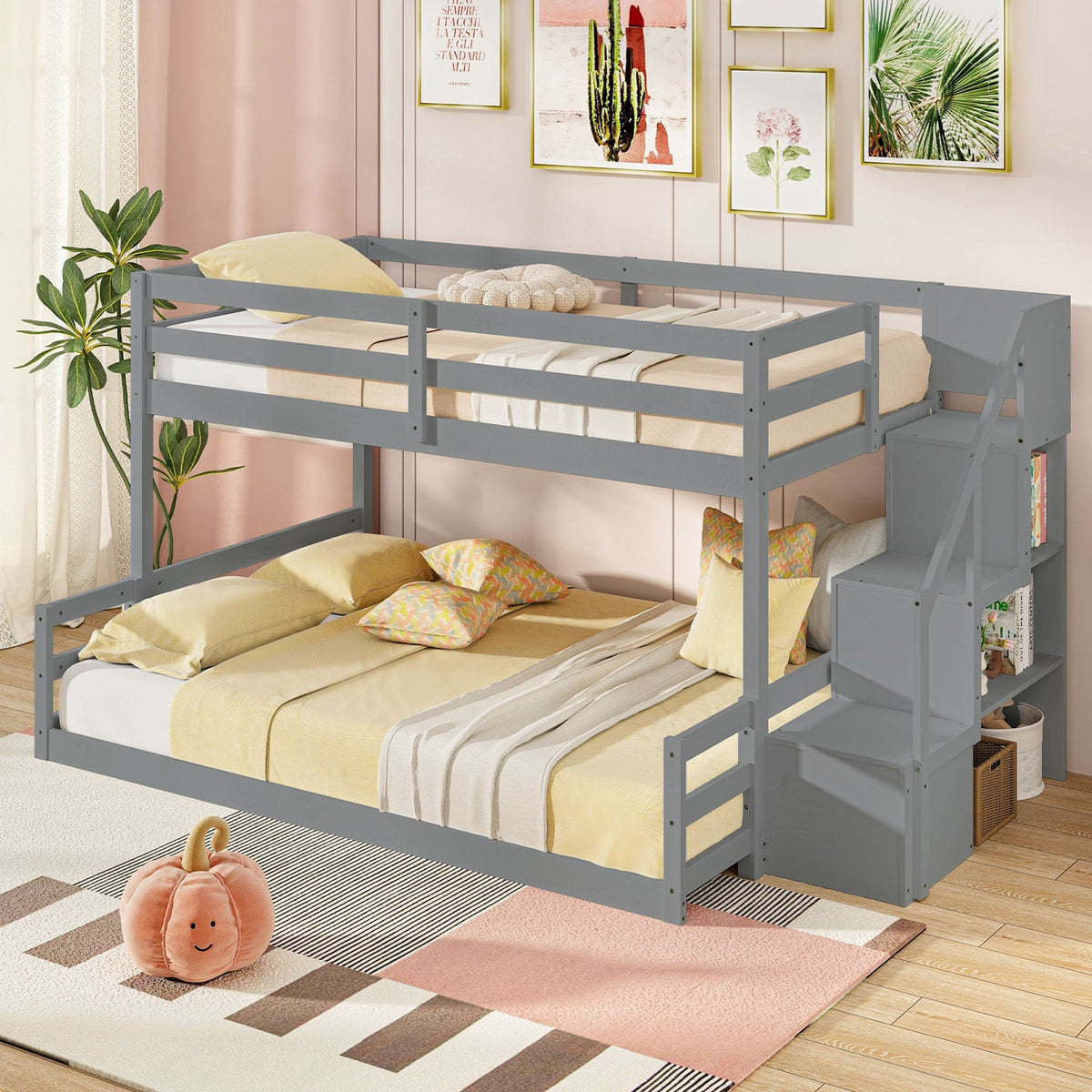 Twin Over Full Low Bunk Bed with Storage Stairs - Solid Wood White-Bunk Bed Frame-DECOROLALA