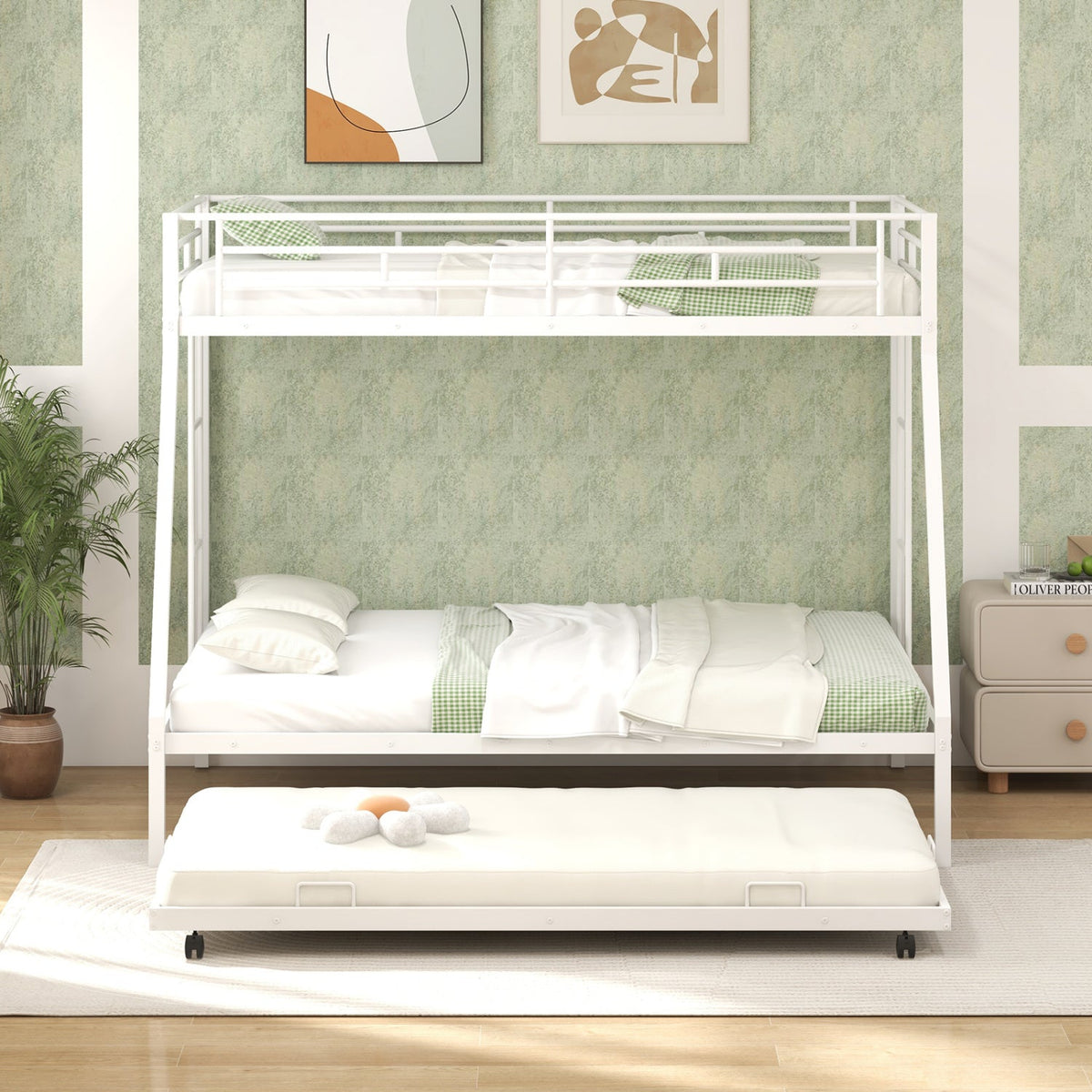 Twin Over Full Metal Bunk Bed with Trundle - Black-Bunk Bed Frame-DECOROLALA