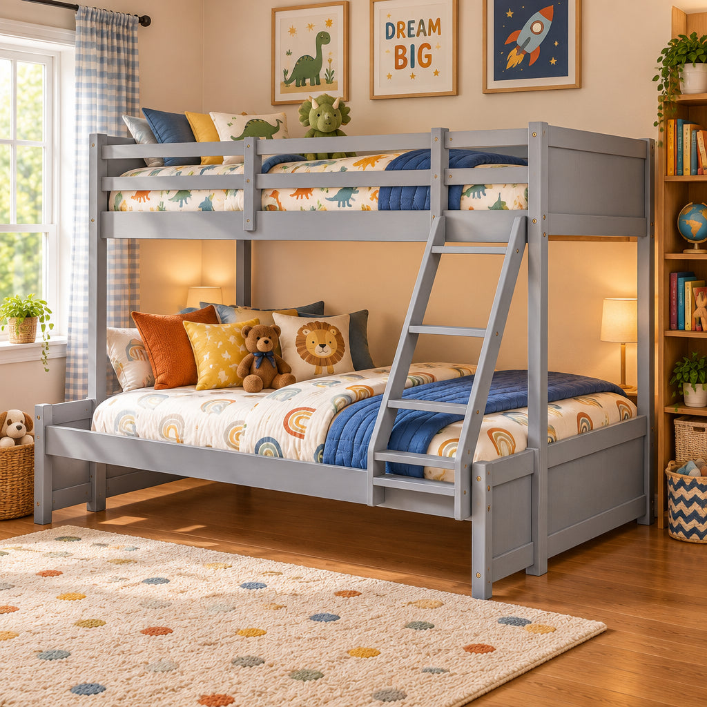 Twin Over Full Pine Wood Bunk Bed with Ladder and Guardrails-Bunk Bed Frame-DECOROLALA