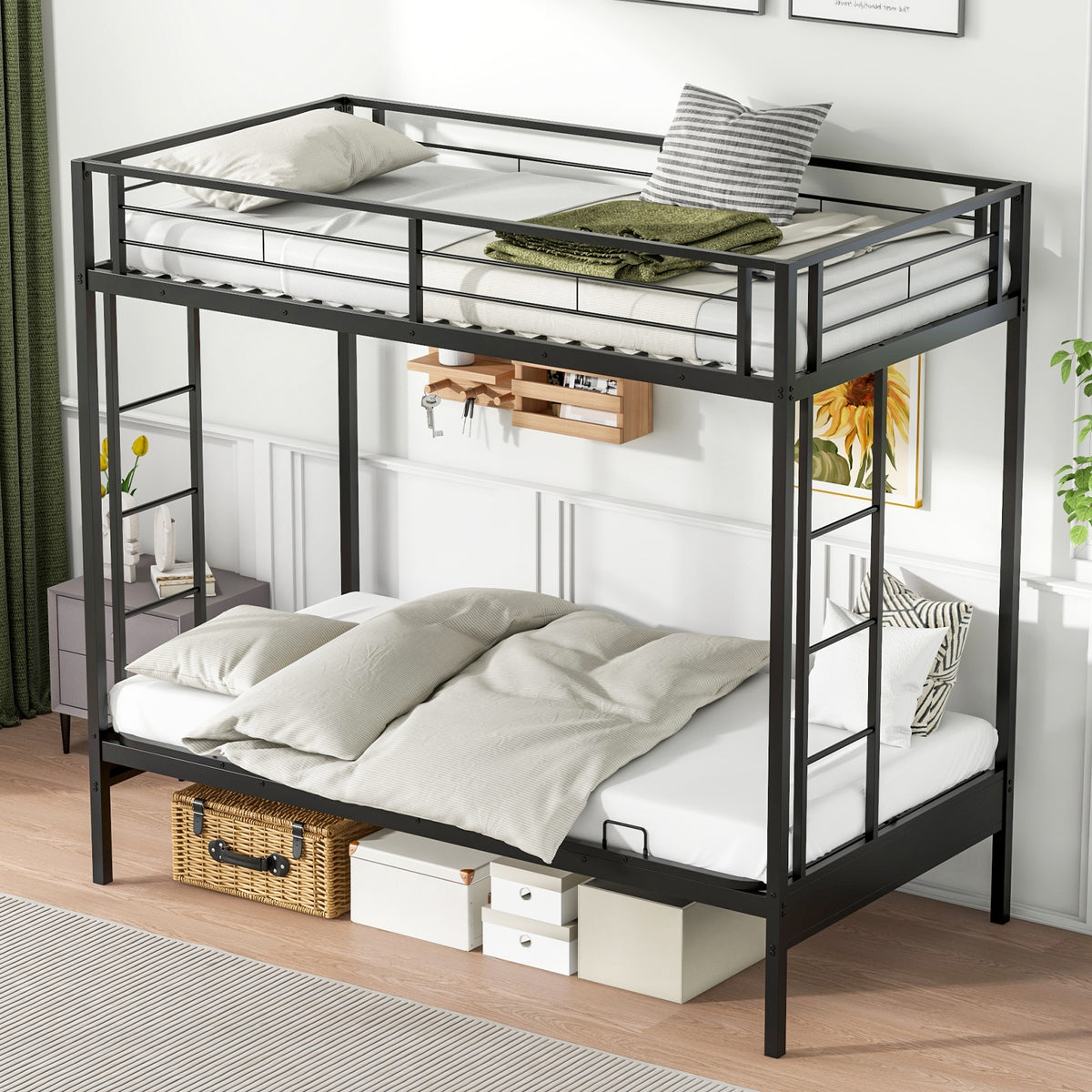 Twin Over Futon Bunk Bed with 2 Ladders and Safety Guardrails-Black-Bunk Bed Frame-DECOROLALA
