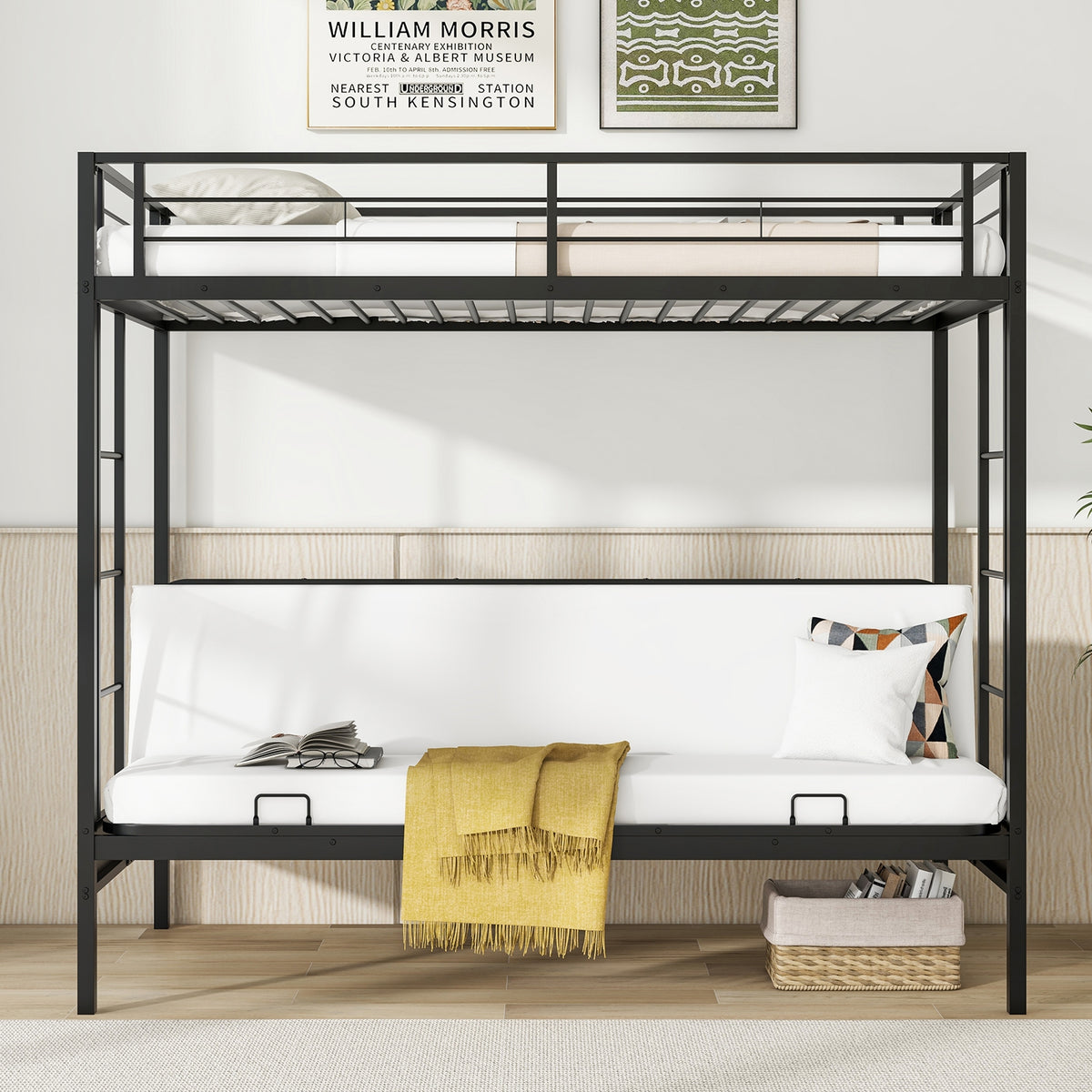 Twin Over Futon Bunk Bed with 2 Ladders and Safety Guardrails-Black-Bunk Bed Frame-DECOROLALA