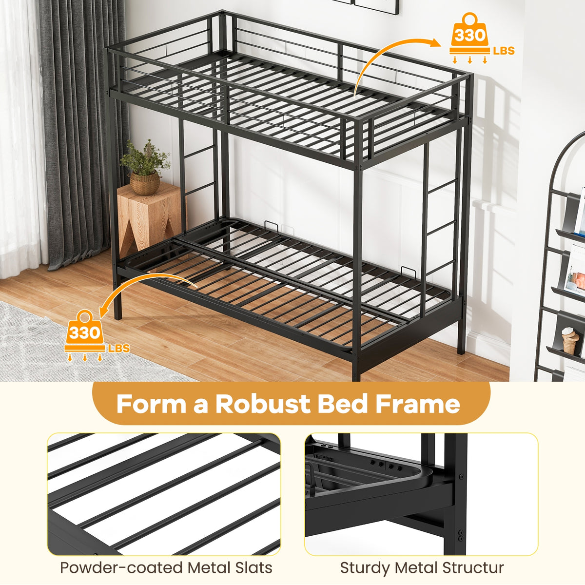 Twin Over Futon Bunk Bed with 2 Ladders and Safety Guardrails-Black-Bunk Bed Frame-DECOROLALA