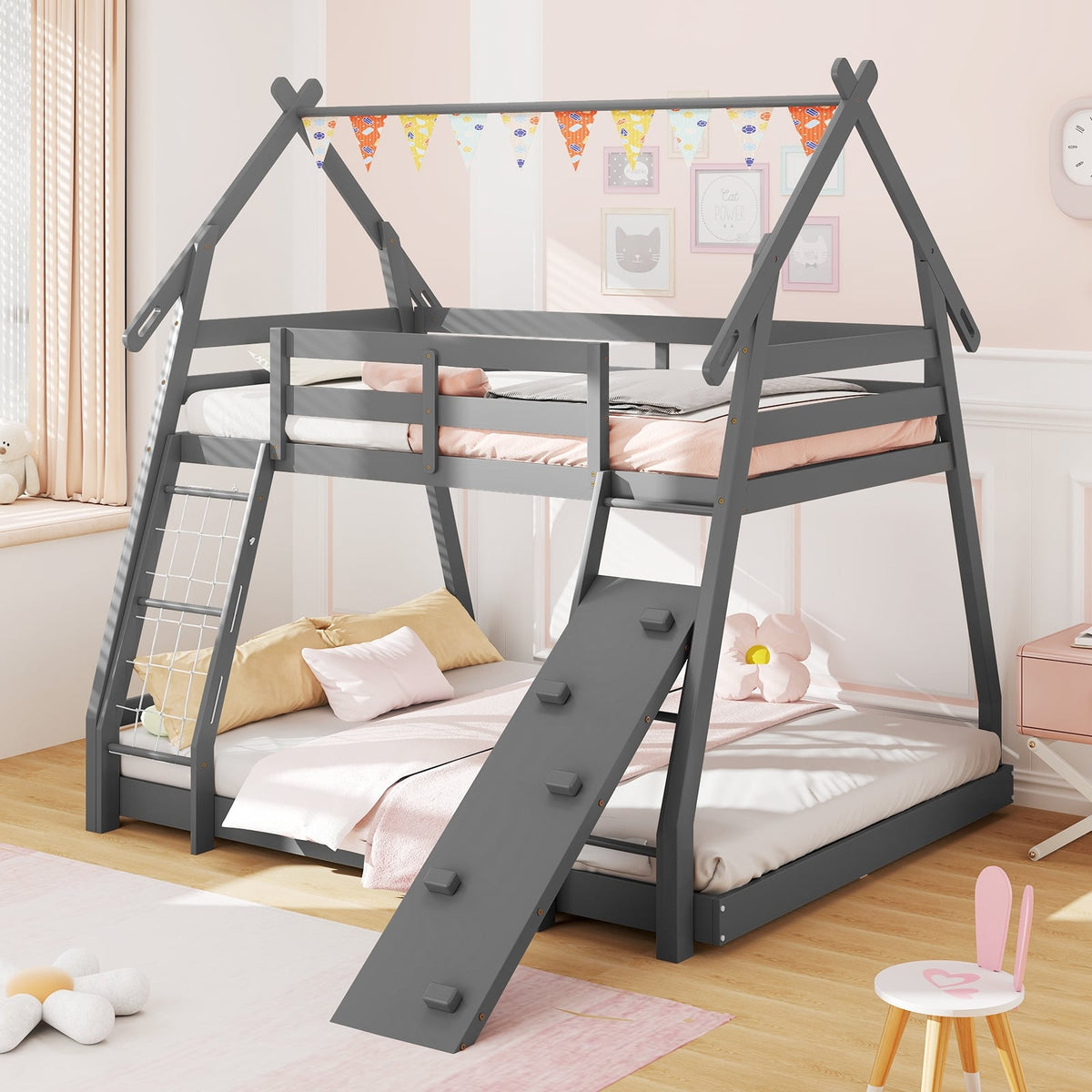 Twin Over Queen Bunk Bed Wooden Kids Bed with Climbing Nets and Ramp-Gray-Toddler Beds-DECOROLALA