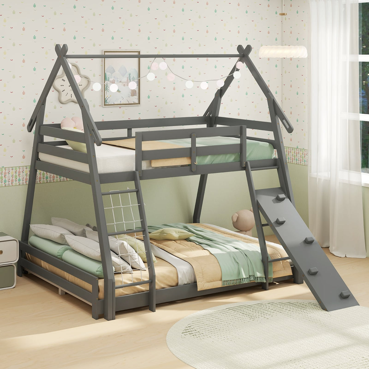 Twin Over Queen Bunk Bed Wooden Kids Bed with Climbing Nets and Ramp-Gray-Toddler Beds-DECOROLALA