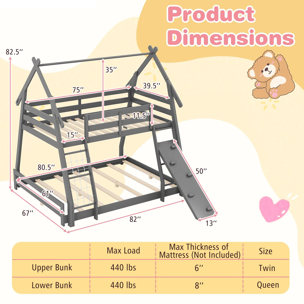 Twin Over Queen Bunk Bed Wooden Kids Bed with Climbing Nets and Ramp-Gray-Toddler Beds-DECOROLALA