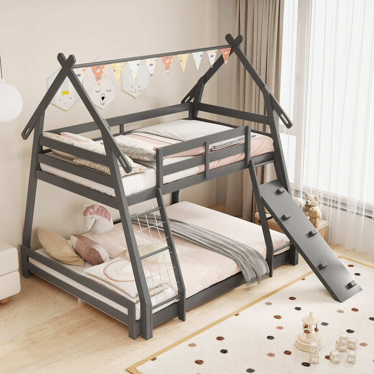 Twin Over Queen Bunk Bed Wooden Kids Bed with Climbing Nets and Ramp-Gray-Toddler Beds-DECOROLALA