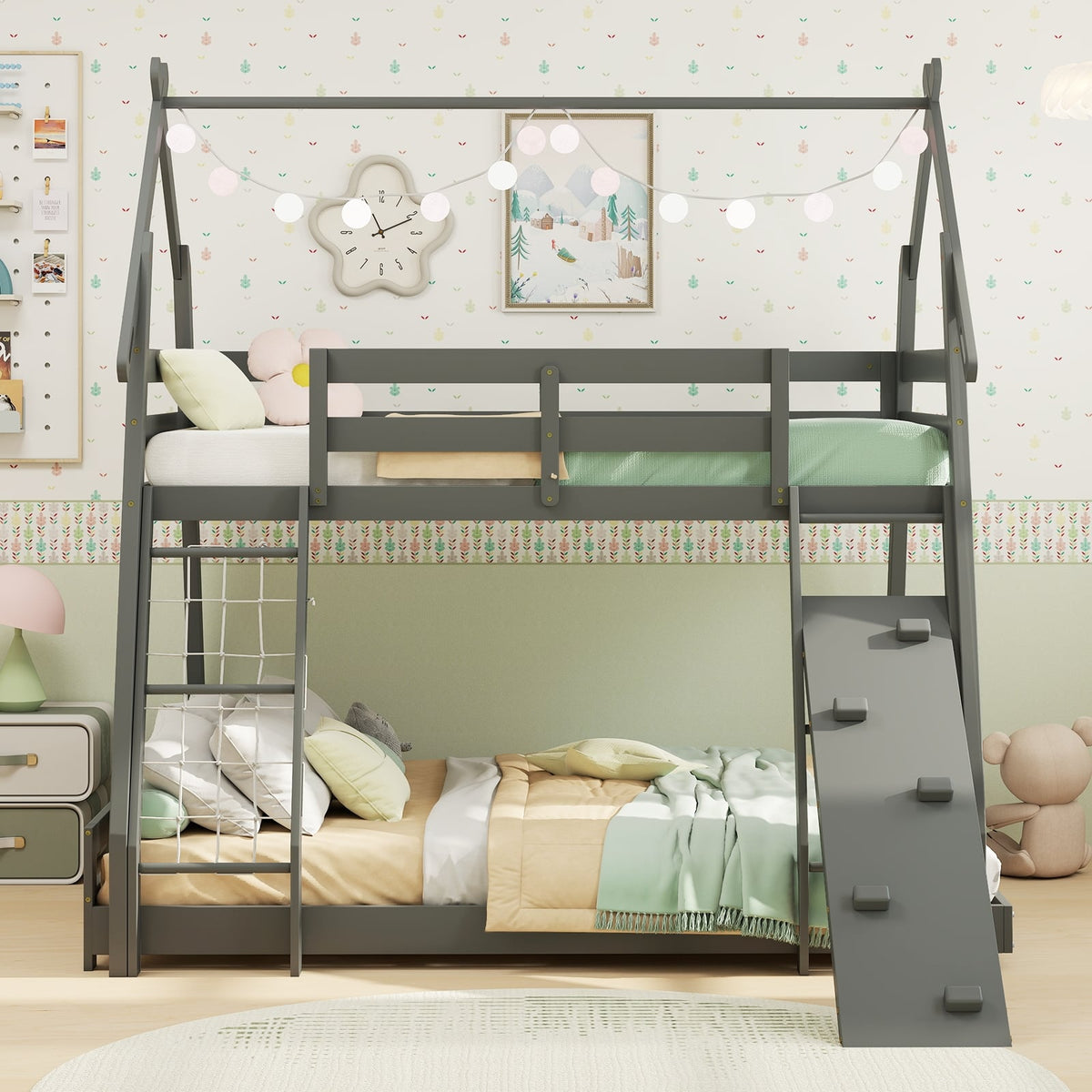 Twin Over Queen Bunk Bed Wooden Kids Bed with Climbing Nets and Ramp-Gray-Toddler Beds-DECOROLALA